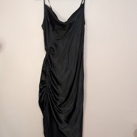 The Black Satin Cowl Neck Midi Dress with Side Ruched - Picture 2 of 15
